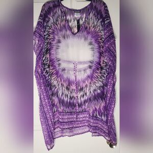 NWT Ingear Sheer OneSize PurplePinkWhite SwimSuitCoverUp FeatherPrint Cord Women